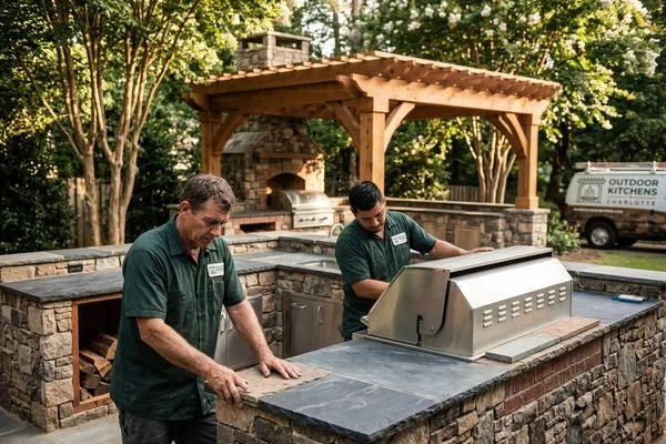 Our team working on a custom lakefront outdoor kitchen project