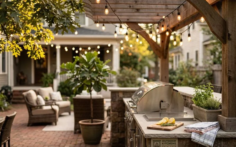 Ambient string lights over an outdoor dining area