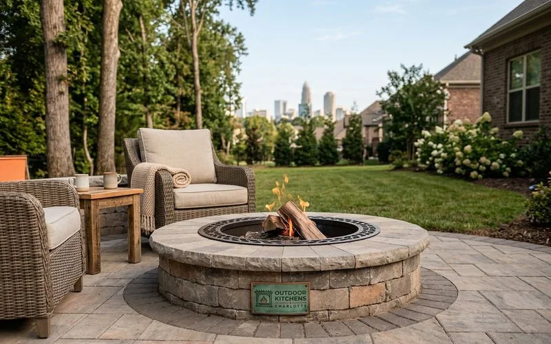 Built-in fire pit on a Lake Norman backyard patio