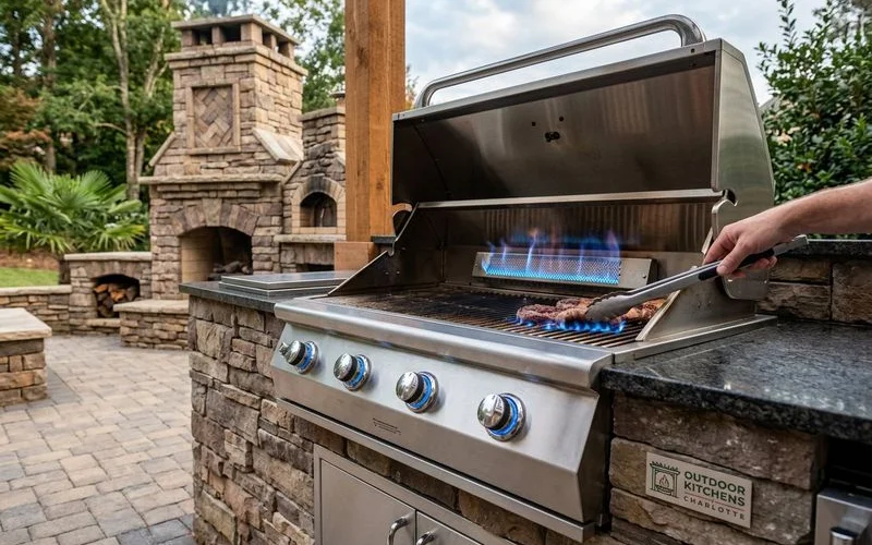 Built-in gas grill with blue flame burners