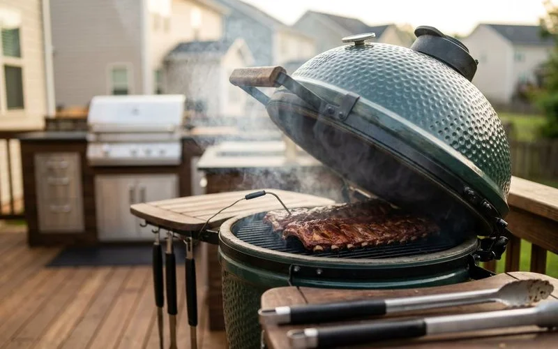 Charcoal kamado grill smoking low and slow