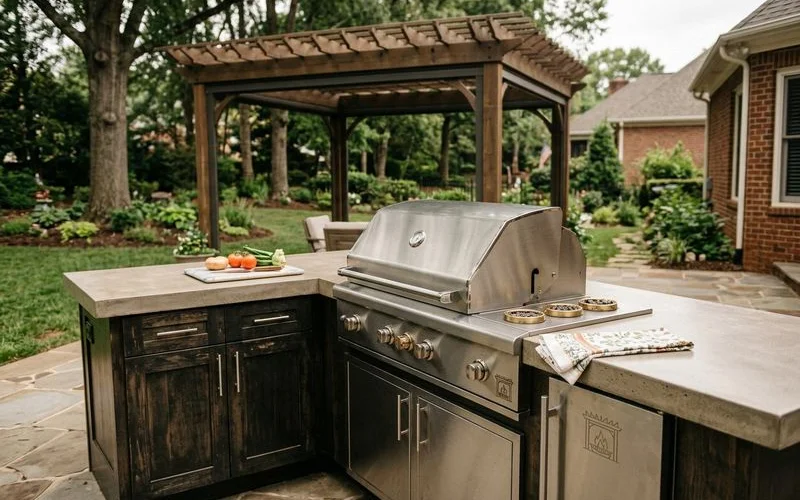 Concrete countertop on a modern Lake Norman outdoor kitchen