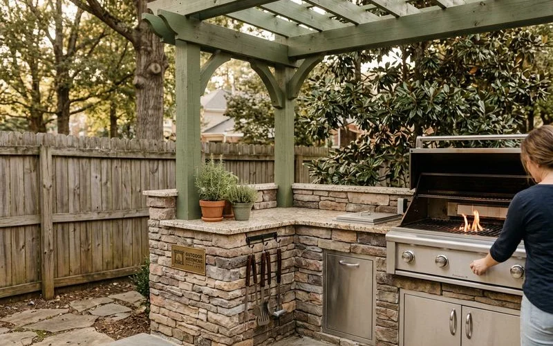 Corner outdoor kitchen on a small Lake Norman patio