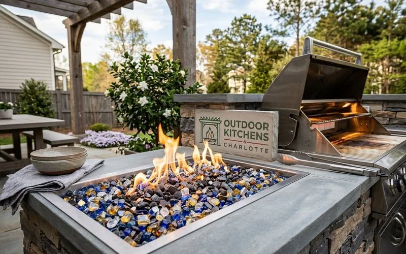 Gas fire pit with fire glass on a Lake Norman patio