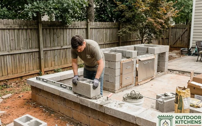 Homeowner DIY outdoor kitchen using block construction