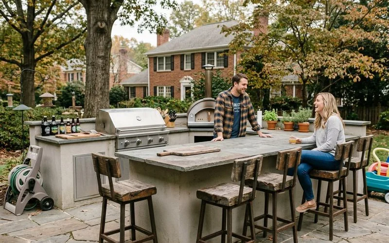 L-shaped outdoor kitchen with bar seating on a Lake Norman patio