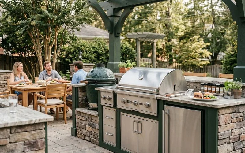 Large ten-foot grill island with multiple appliances on a Lake Norman patio