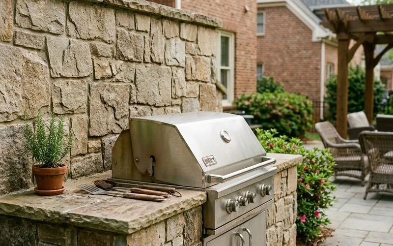 Natural stone outdoor kitchen wall detail showing texture and depth