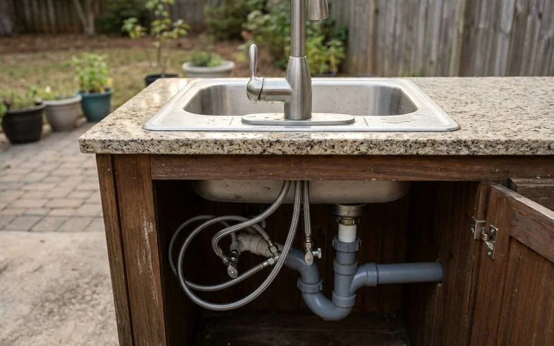 Outdoor kitchen sink plumbing supply and drain