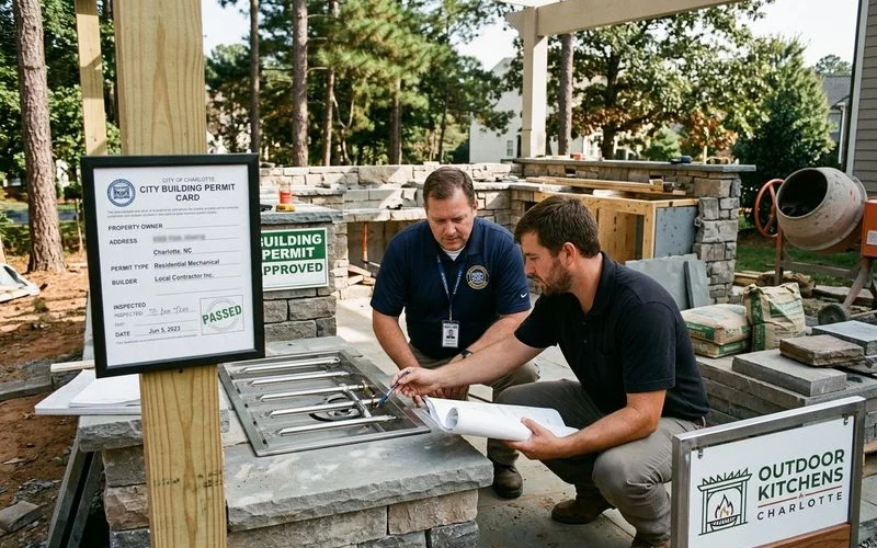 Outdoor kitchen under construction with inspection in progress