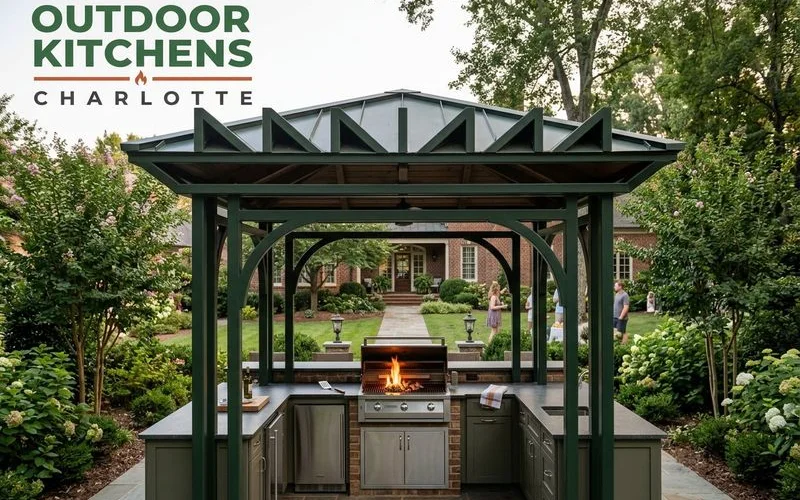 Pavilion-covered outdoor kitchen on a Lake Norman lakefront property