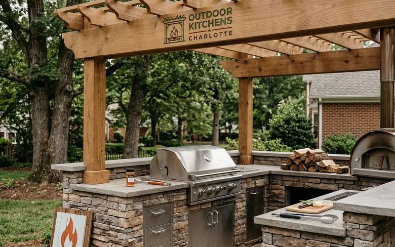 Pergola-covered outdoor kitchen on a Lake Norman patio