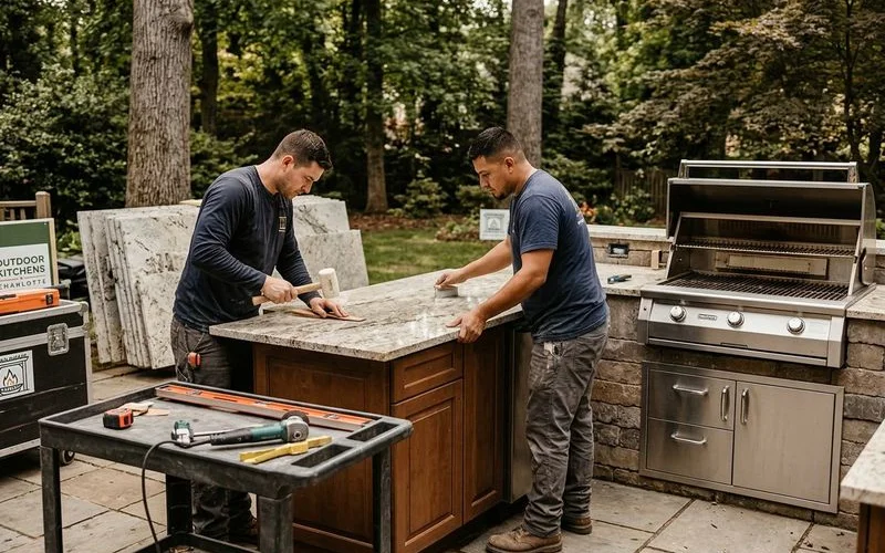 Professional crew installing outdoor kitchen countertops on a Lake Norman patio