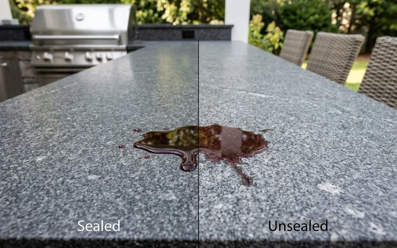 Side-by-side comparison of sealed vs unsealed outdoor countertop