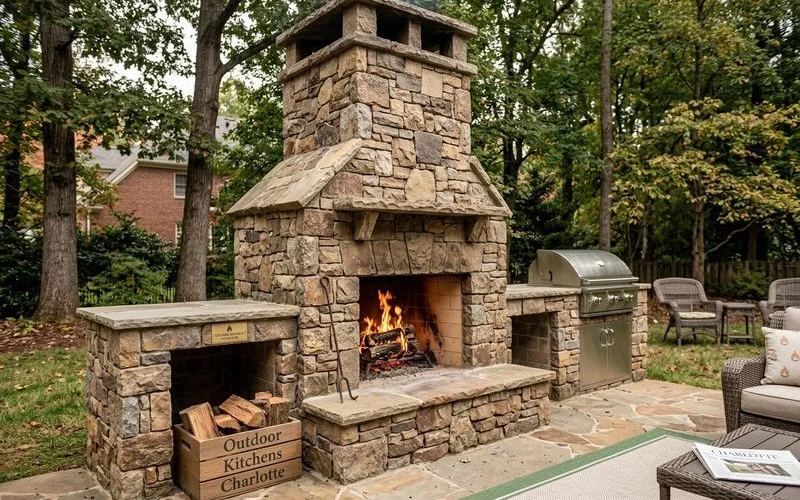 Stone outdoor fireplace on a Lake Norman backyard patio