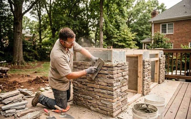 Natural stone veneer installation on a Lake Norman outdoor kitchen wall