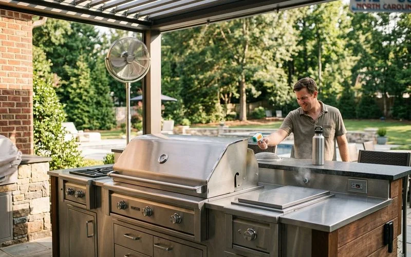 Summer outdoor kitchen with cooling strategies in place