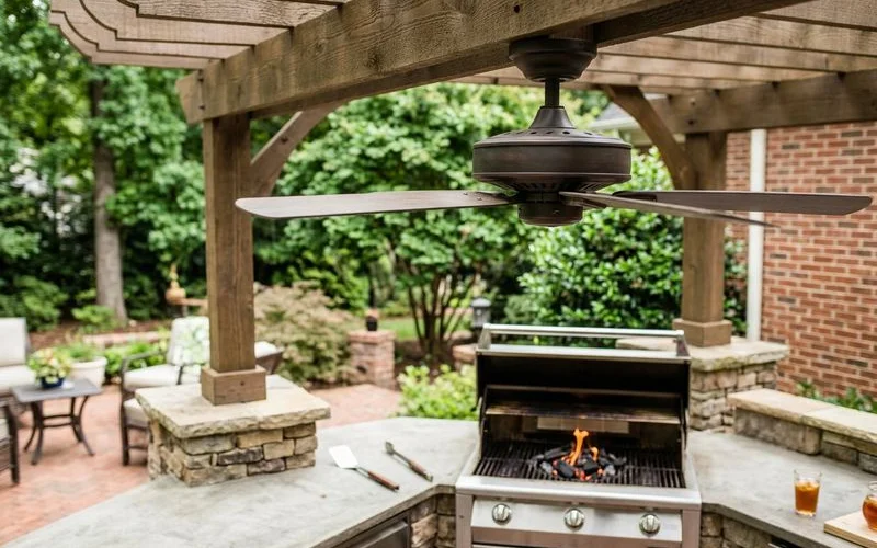 Wet-rated ceiling fan installed in a Lake Norman outdoor kitchen
