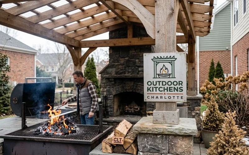 Covered outdoor kitchen used in cool Lake Norman weather