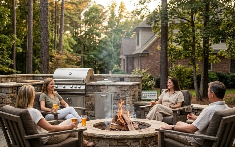 Wood-burning fire pit during an evening gathering