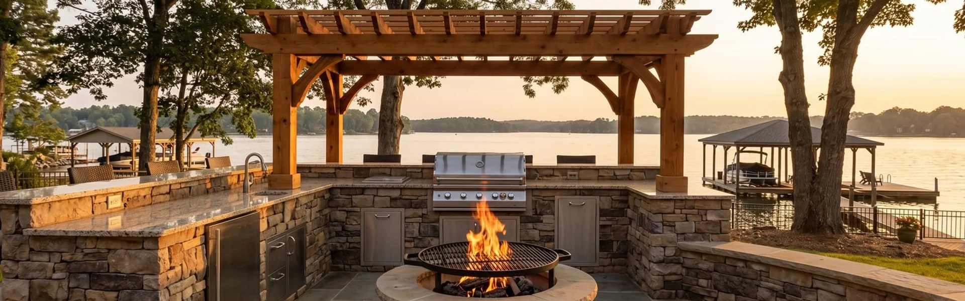 Luxury outdoor kitchen at a Lake Norman waterfront home