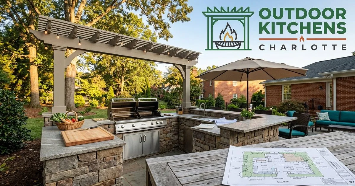 Overhead view of an outdoor kitchen layout plan with designated zones for cooking prep and dining on a Lake Norman patio