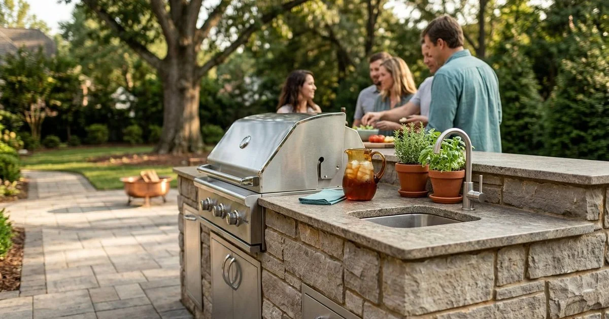 Beautiful outdoor kitchen design in a Lake Norman backyard with stone countertops, built-in grill, and lake view