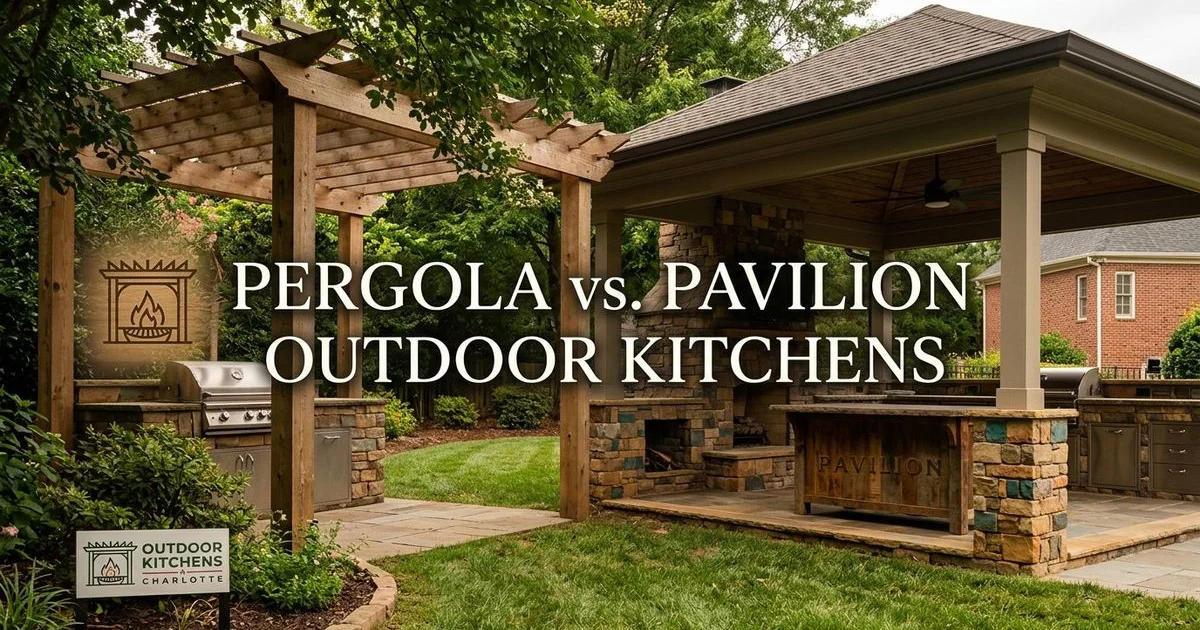 Split view showing a pergola-covered and pavilion-covered outdoor kitchen on Lake Norman properties