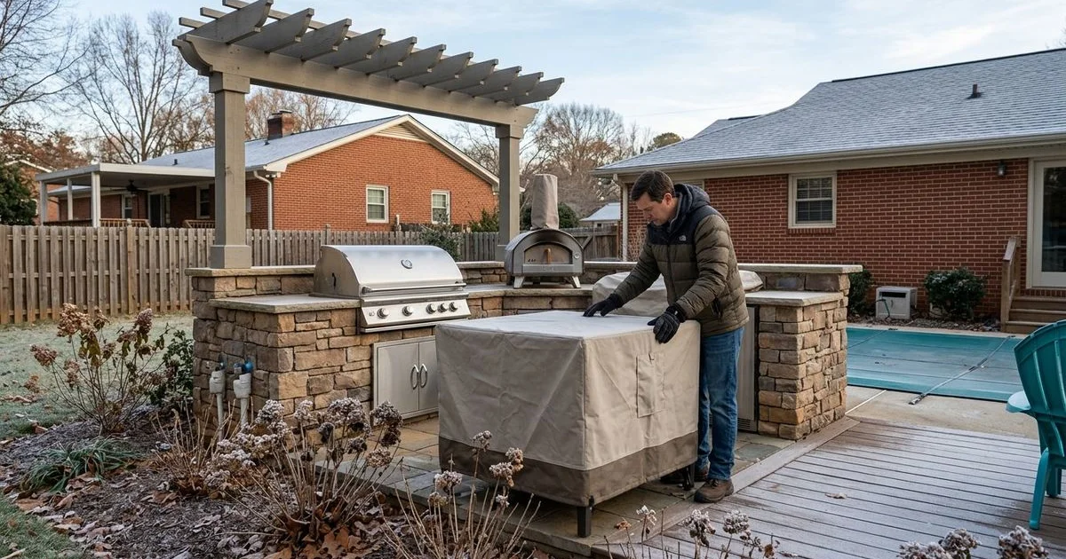 Lake Norman homeowner covering outdoor kitchen appliances and preparing for winter weather