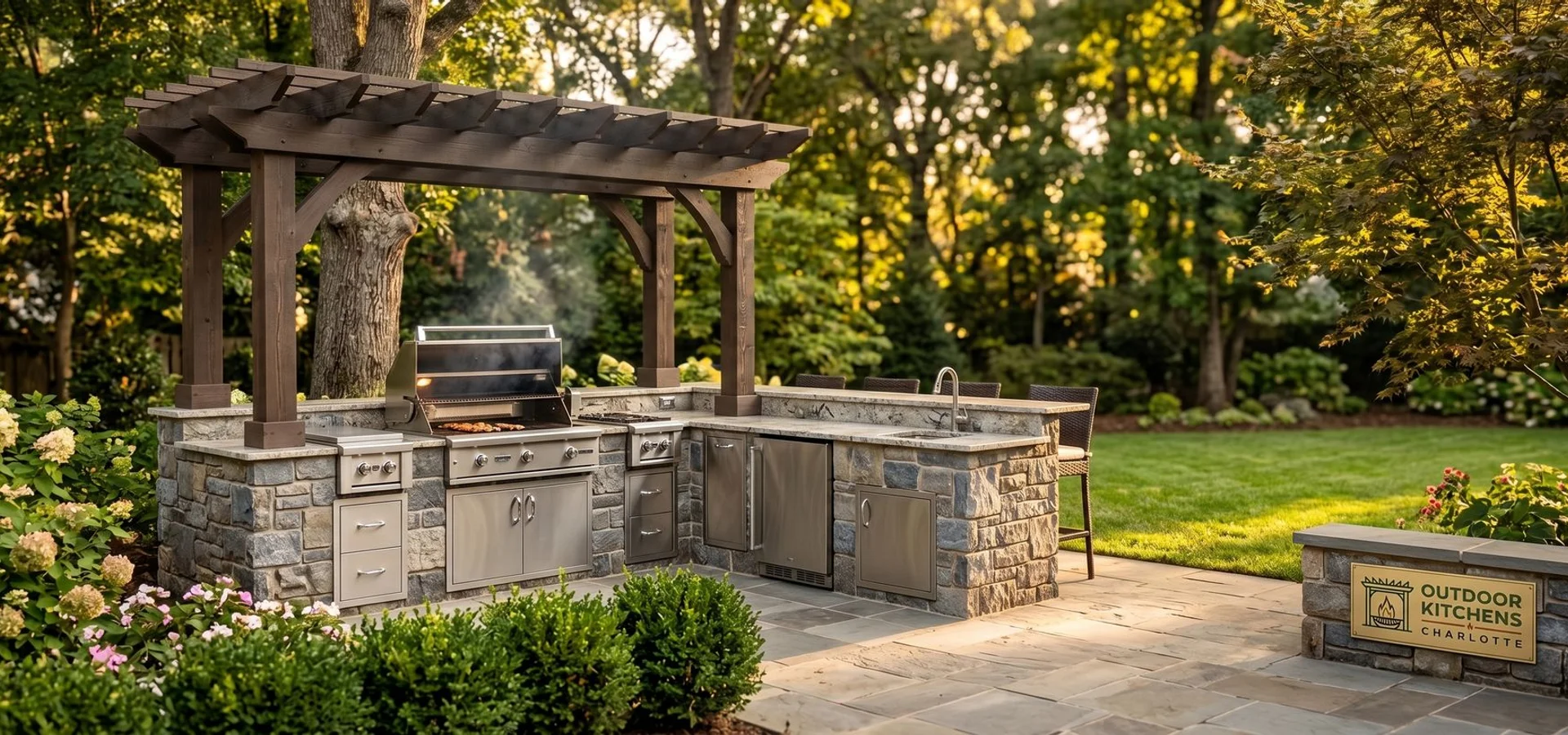 Custom outdoor kitchen on a Lake Norman lakefront patio
