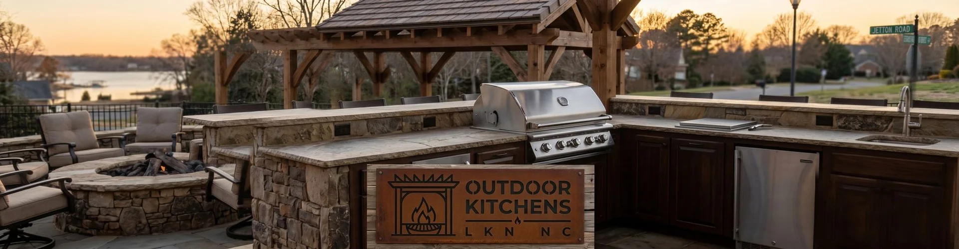 Outdoor kitchen at sunset on Lake Norman